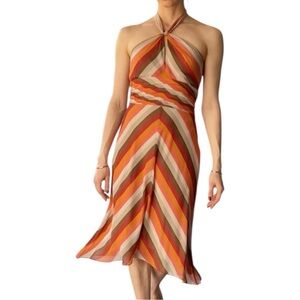 BCBGMaxAzria Silk Striped Halter Midi Dress Size 2 Chevron Strapless Cocktail